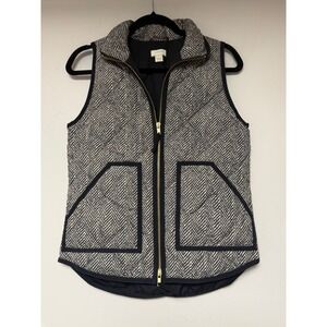 J. Crew Herringbone Puffer Vest XXS Black Cream Quilted Sleeveless Jacket‎
